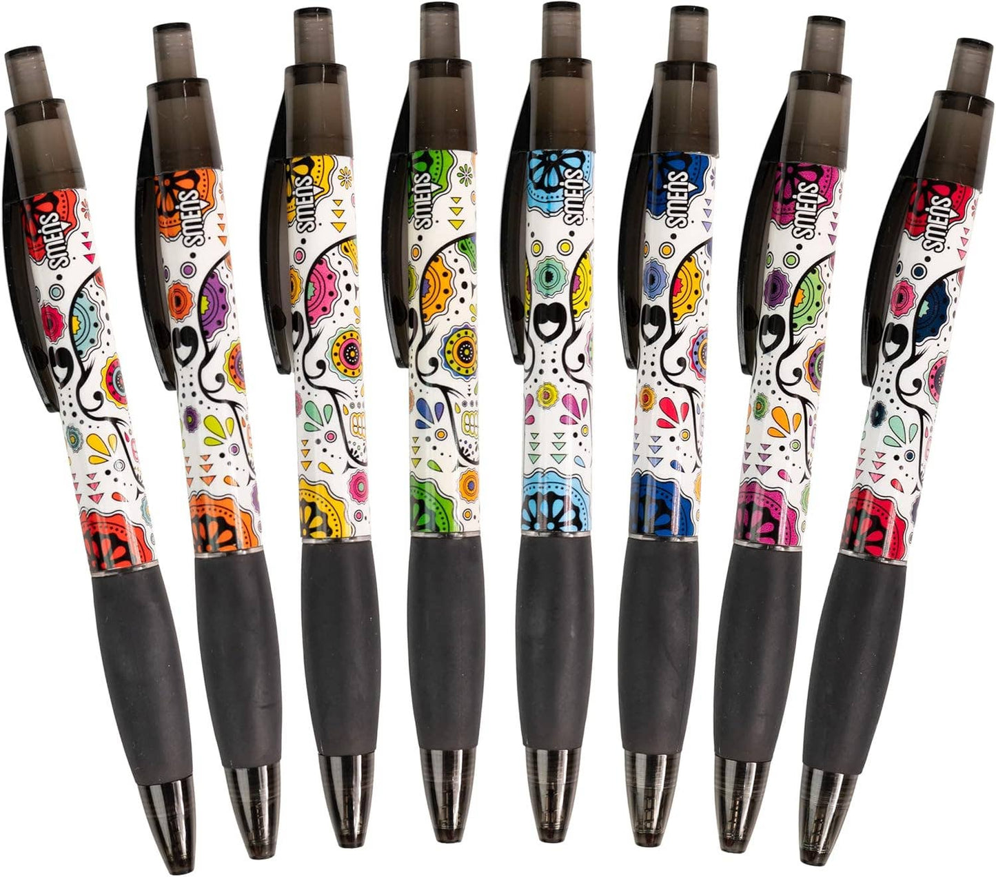 Sugar Skull Smens - Scented Grip Pens, Black Ink - 8 Count