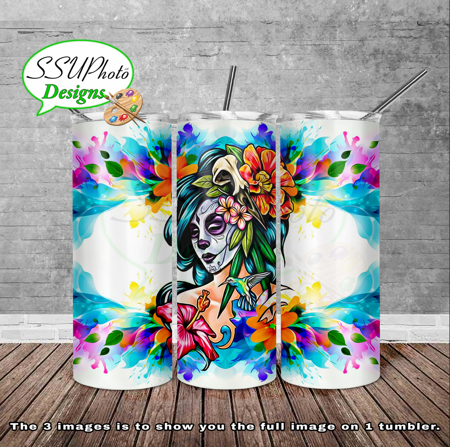Sugar Skull with Flowers 20 oz and 30oz OZ Skinny TumblerD Digital Design