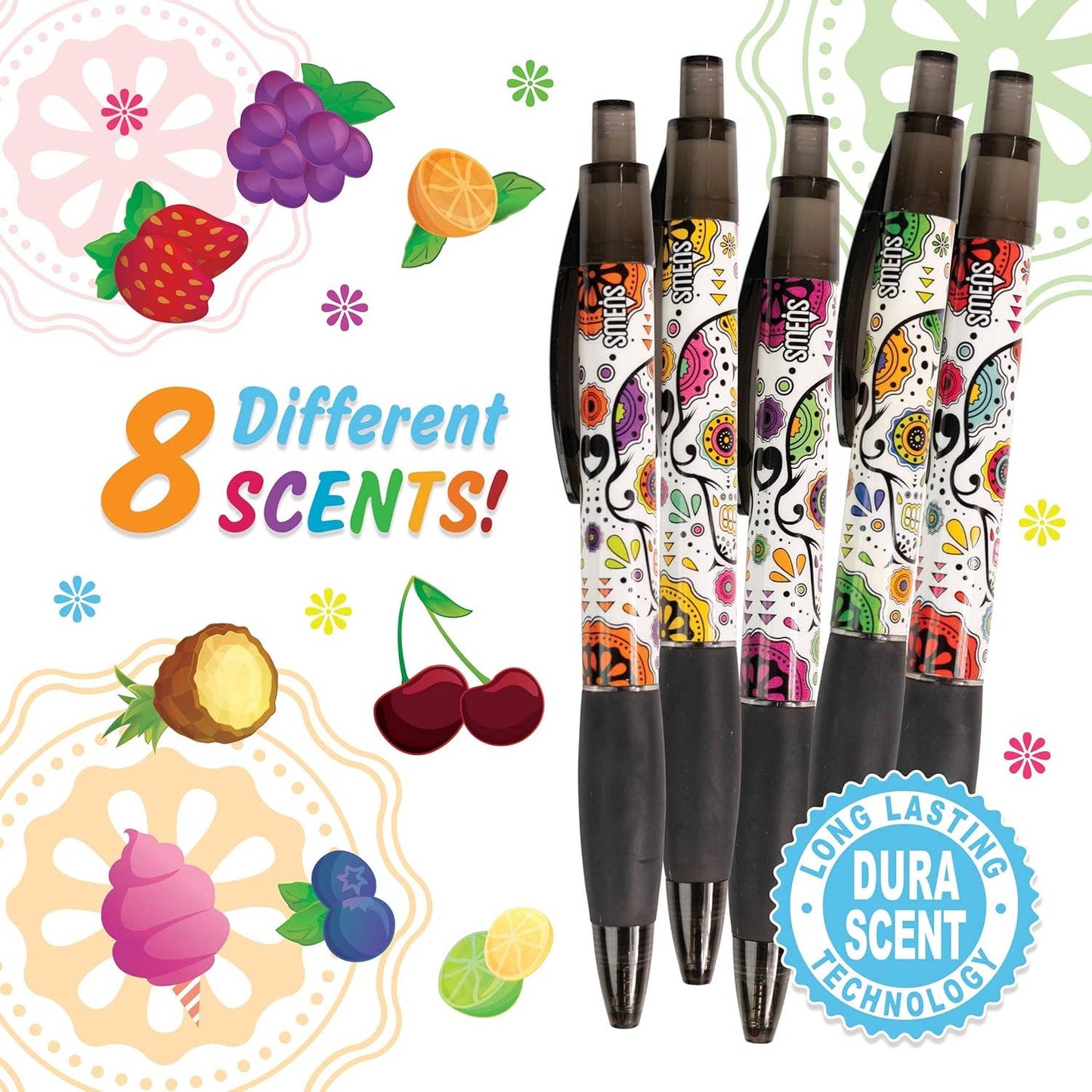 Sugar Skull Smens - Scented Grip Pens, Black Ink - 8 Count