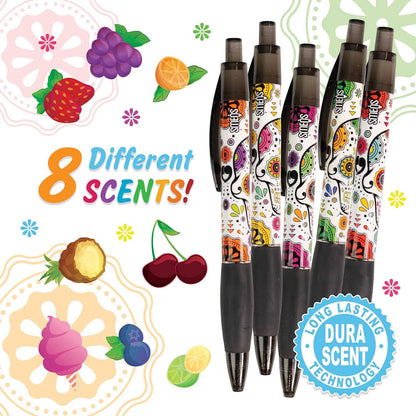 Sugar Skull Smens - Scented Grip Pens, Black Ink - 8 Count