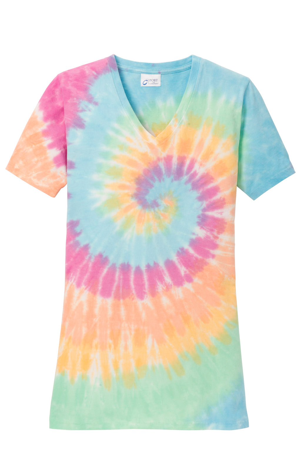 Port & Company Tie-Dye Womens Cotton V-Neck Short Sleeve Shirts Pastel Rainbow