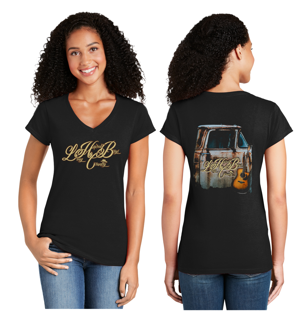 Womens V-neck Softstyle T-shirts Black (Long Haired Country Boys)