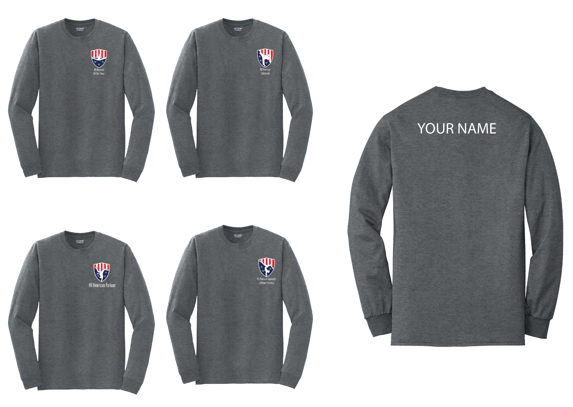 All American Gymnastics and Dance Academy Long Sleeve Shirts small logo