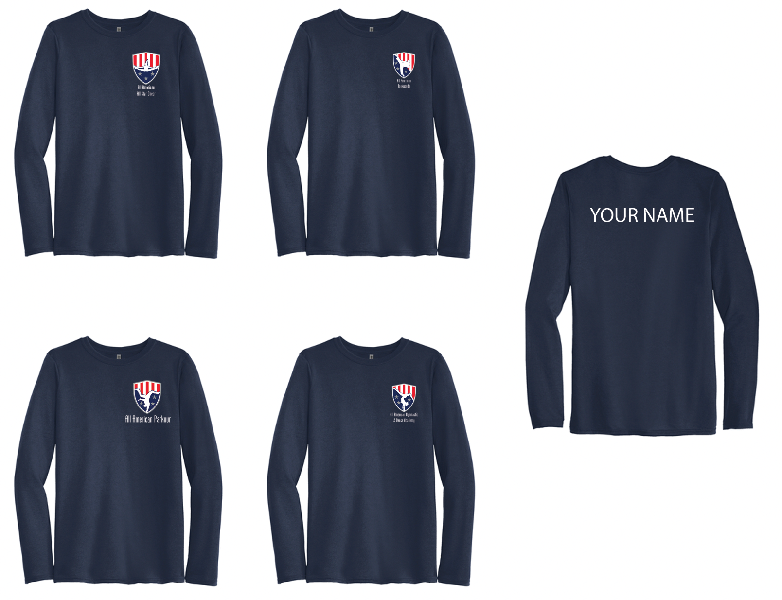 All American Gymnastics and Dance Academy Long Sleeve Shirts small logo