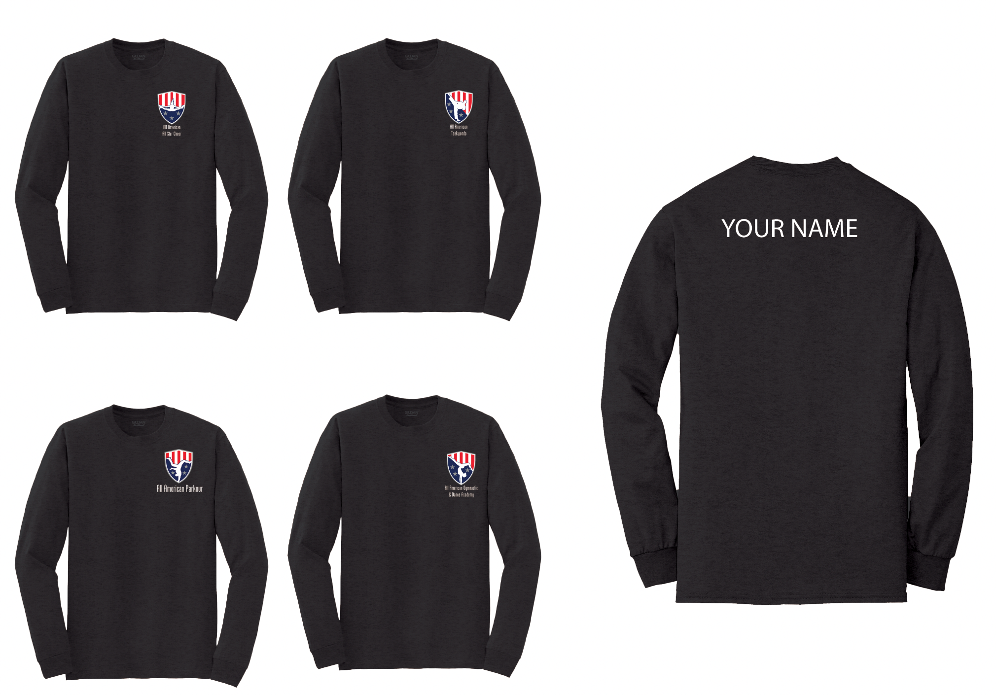 All American Gymnastics and Dance Academy Long Sleeve Shirts small logo