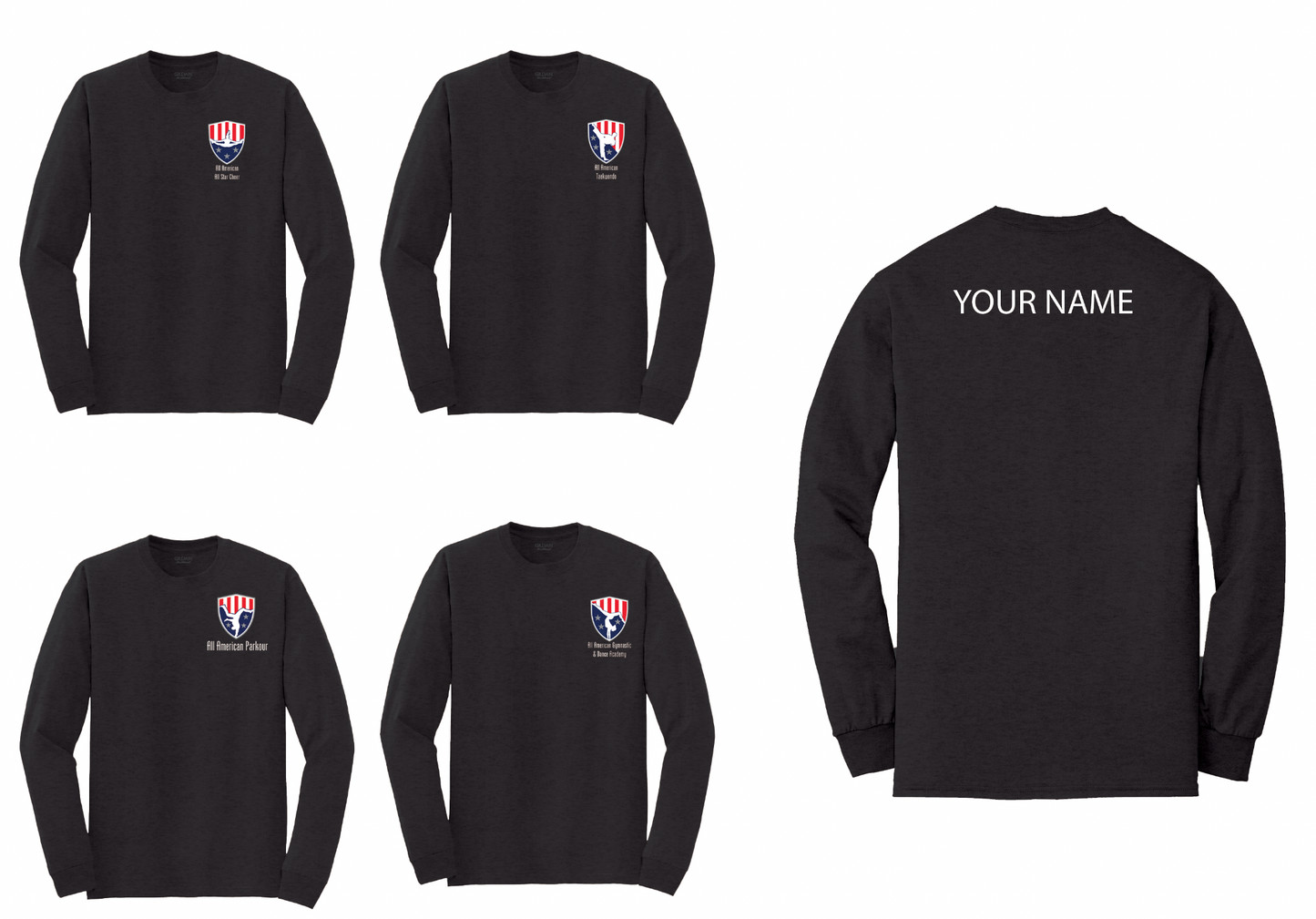 All American Gymnastics and Dance Academy Long Sleeve Shirts small logo