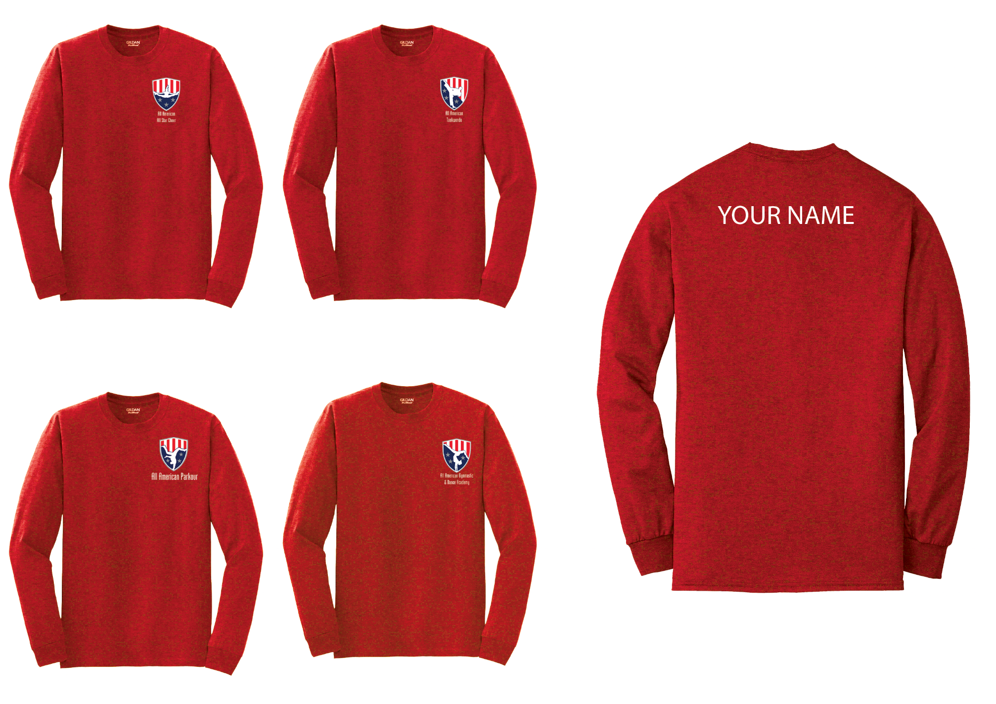 All American Gymnastics and Dance Academy Long Sleeve Shirts small logo