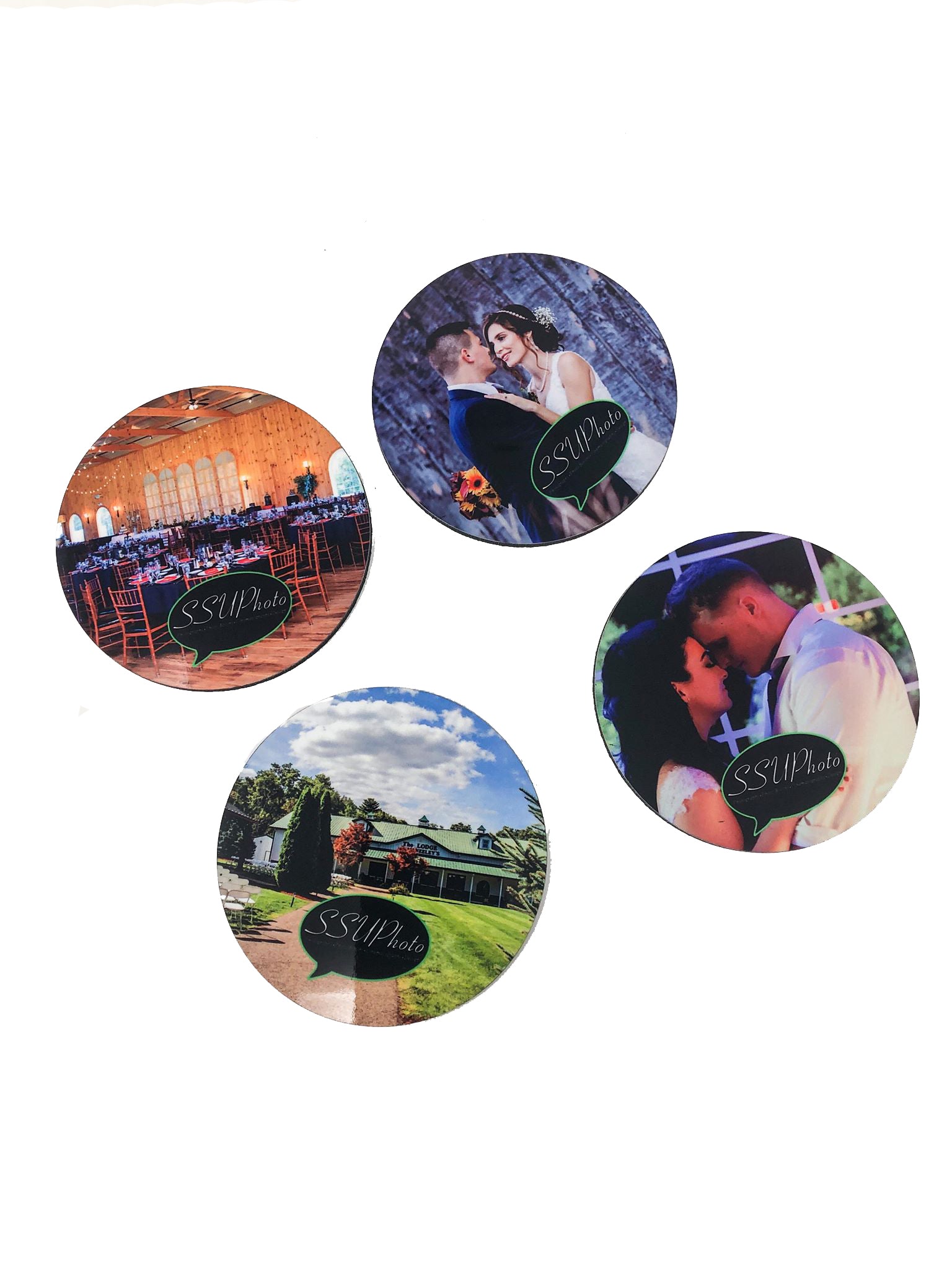 4 Round Photo Drink Coasters With Cork back and stand