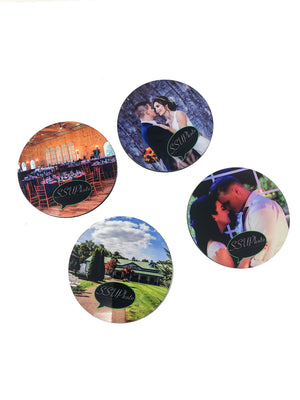 4 Round Photo Drink Coasters With Cork back and stand