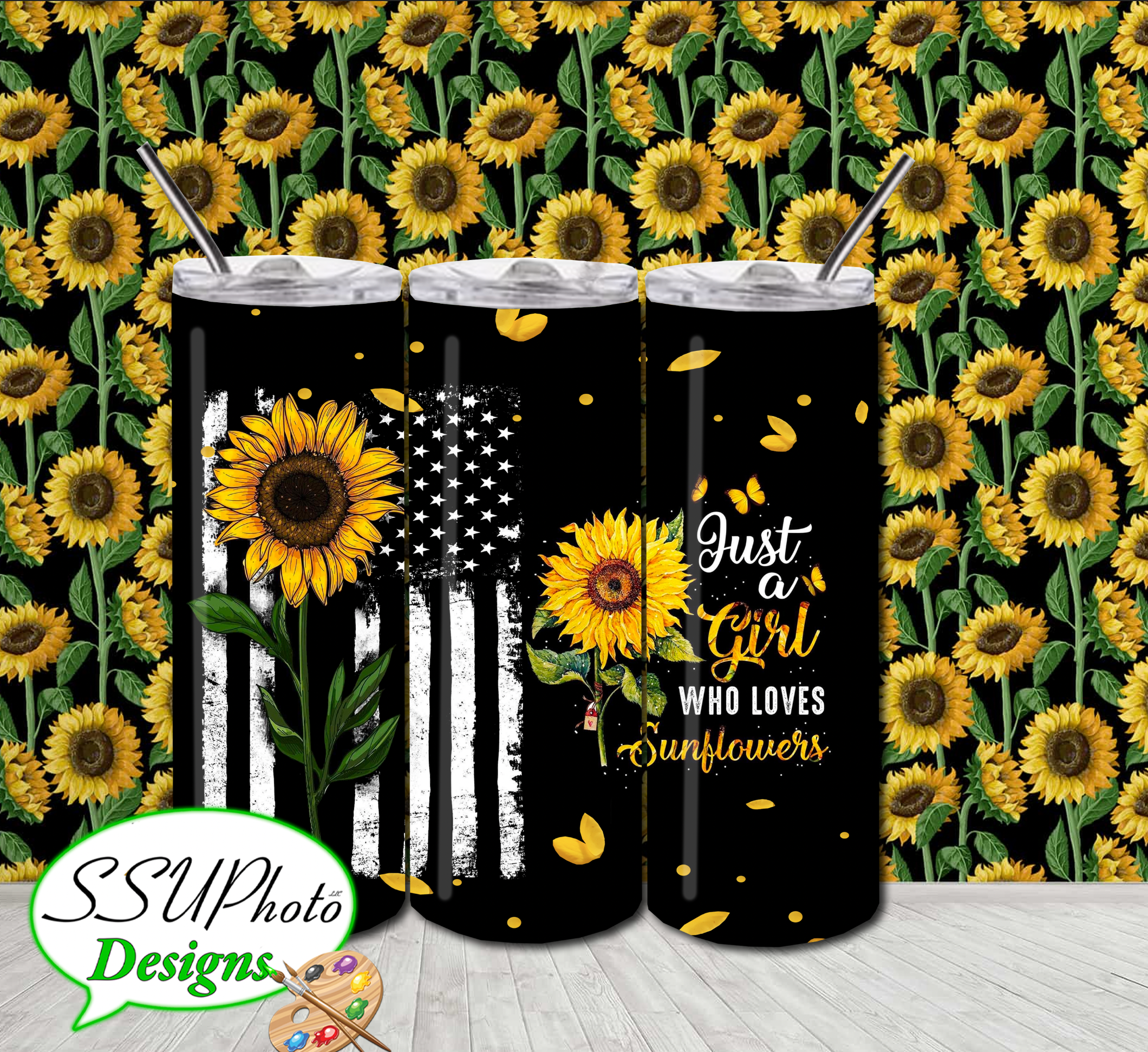 Girl Sunflowers USA Filter  20 OZ Skinny TumblerD Digital Design