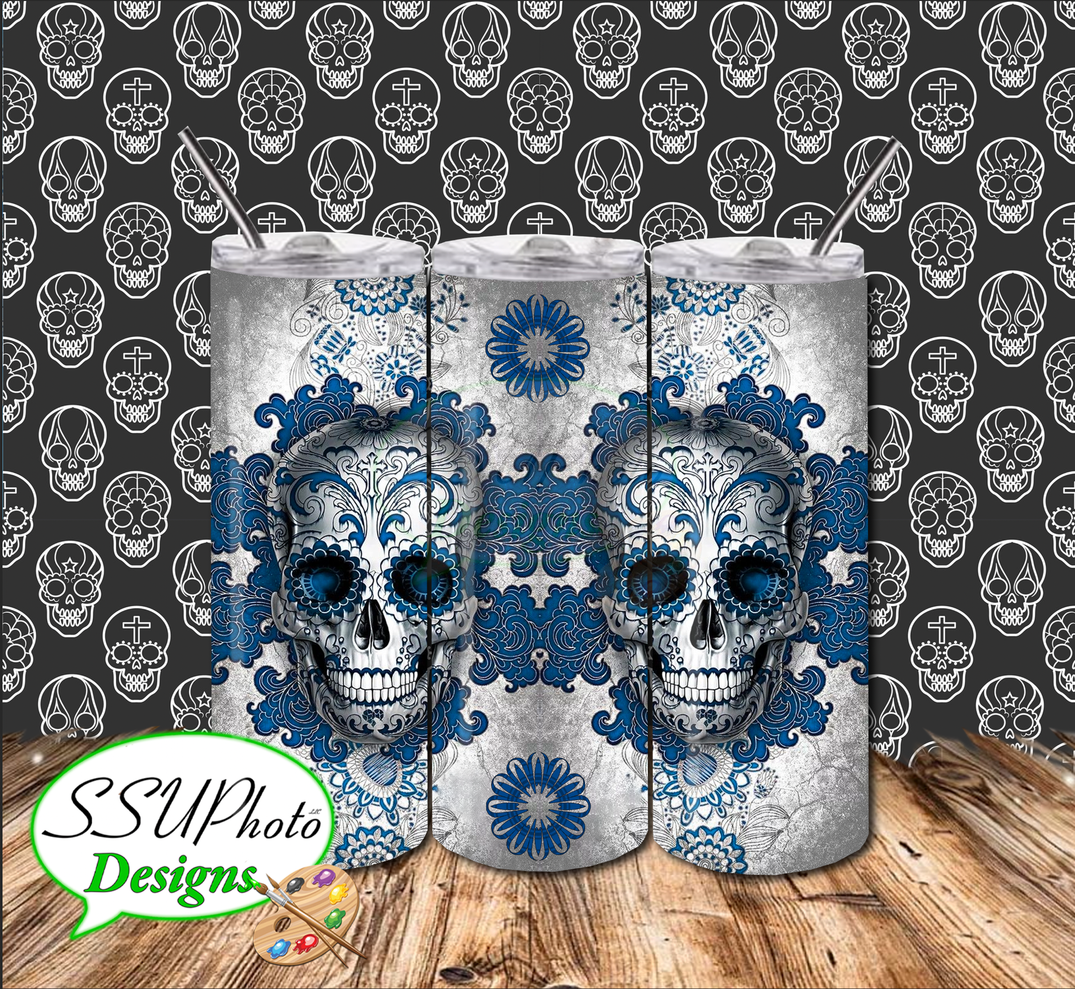 Blue sugar skull  20 OZ Skinny Tumbler Straight