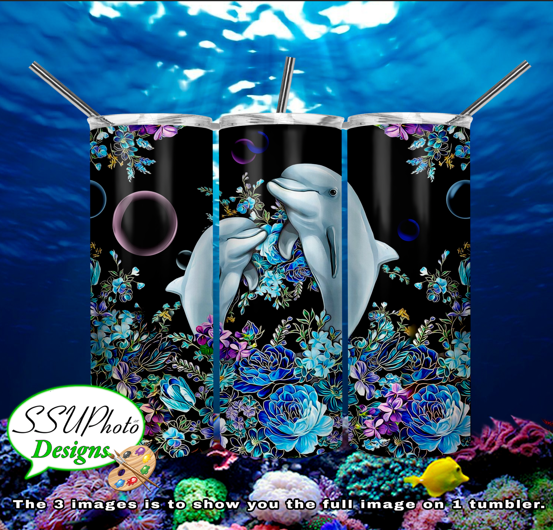 Dolphins Floral 20 oz and 30oz OZ Skinny TumblerD Digital Design