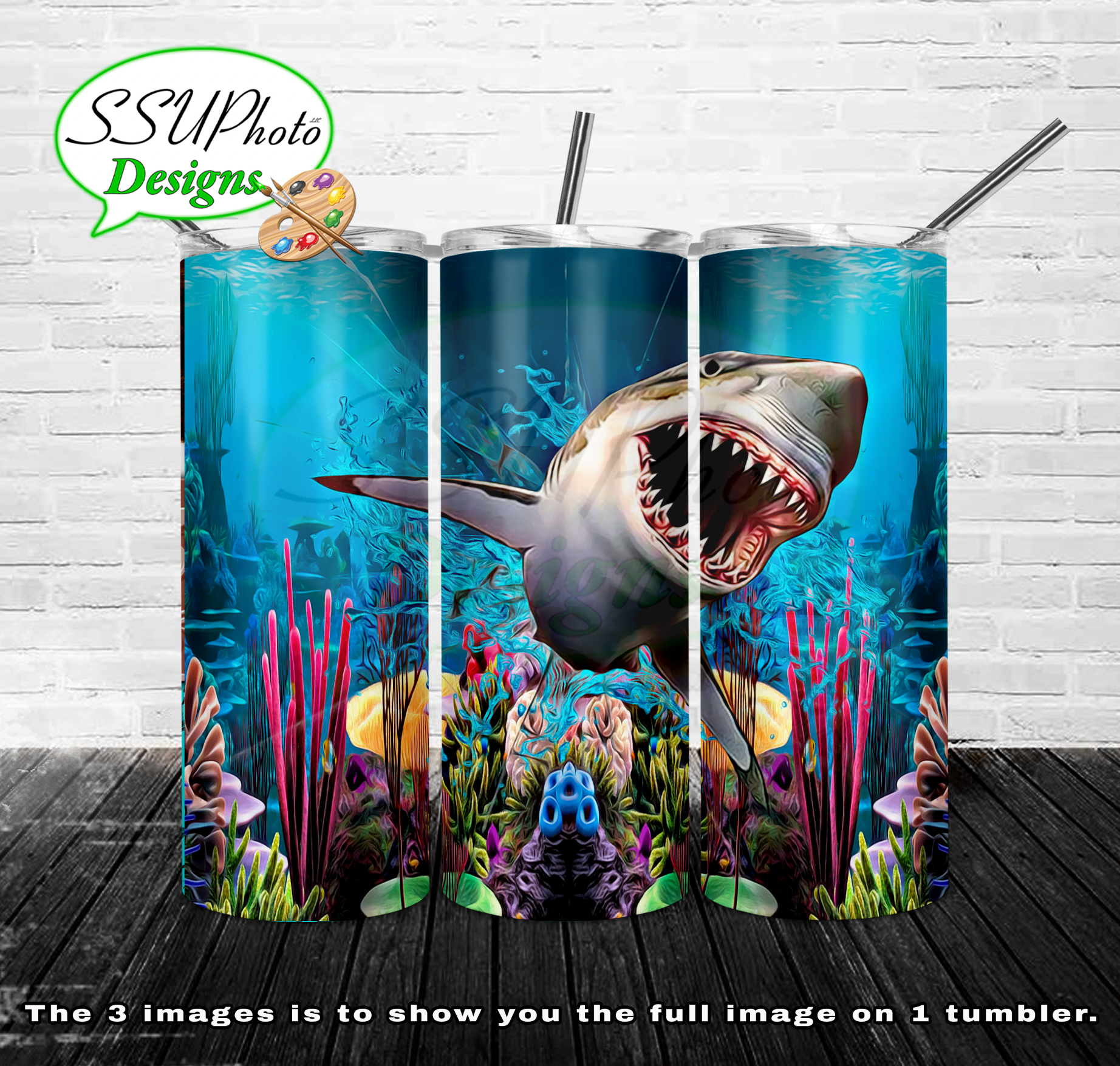 Shark breaking through 20 oz and 30oz OZ Skinny TumblerD Digital Design