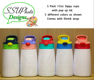 5 Pack 12oz Kids Blank White Sublimation Sippy Cups with popup lid