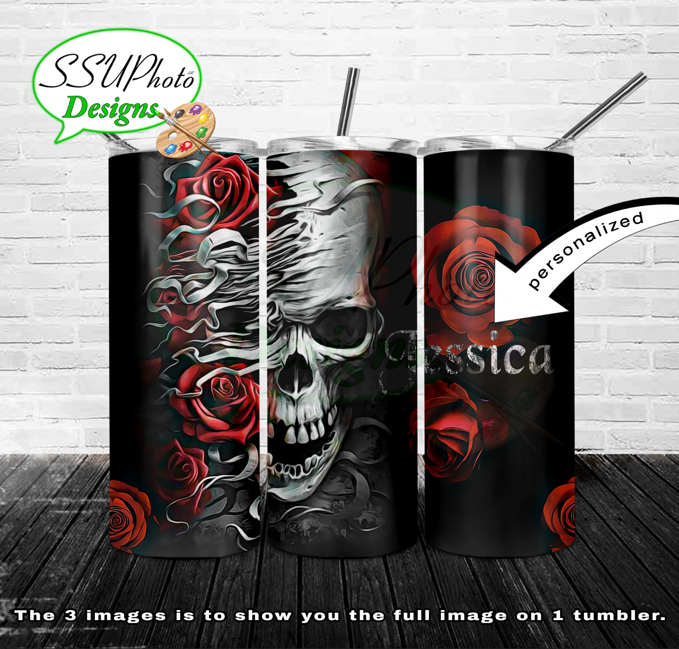 Skull Rose 20 oz and 30oz OZ Skinny TumblerD Digital Design