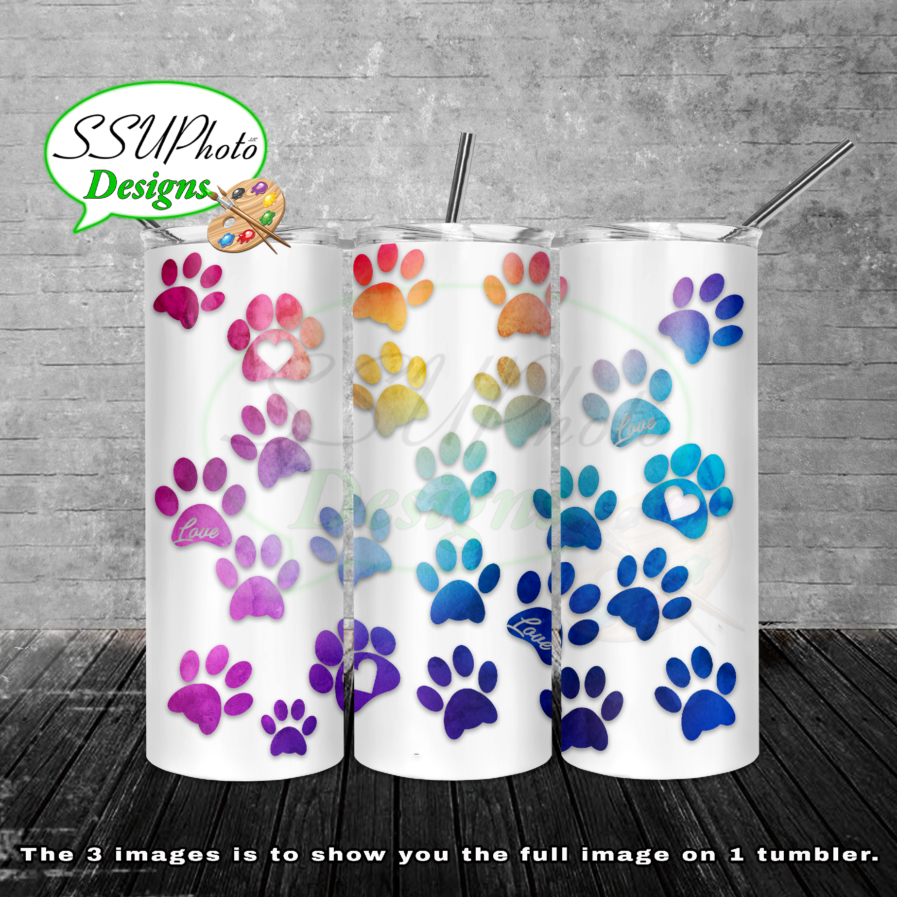 Watercolor Paw Prints 20 oz and 30oz OZ Skinny TumblerD Digital Design