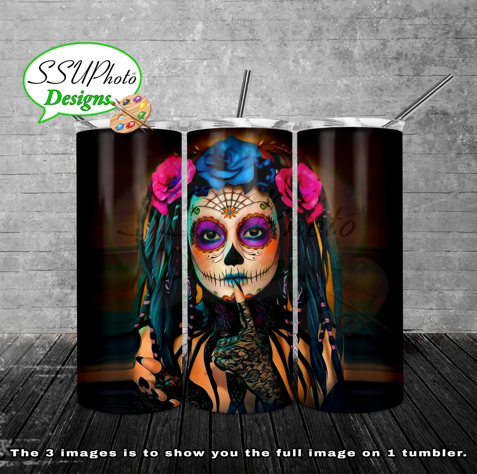 Sugar Skull Girl 20 oz and 30oz OZ Skinny TumblerD Digital Design