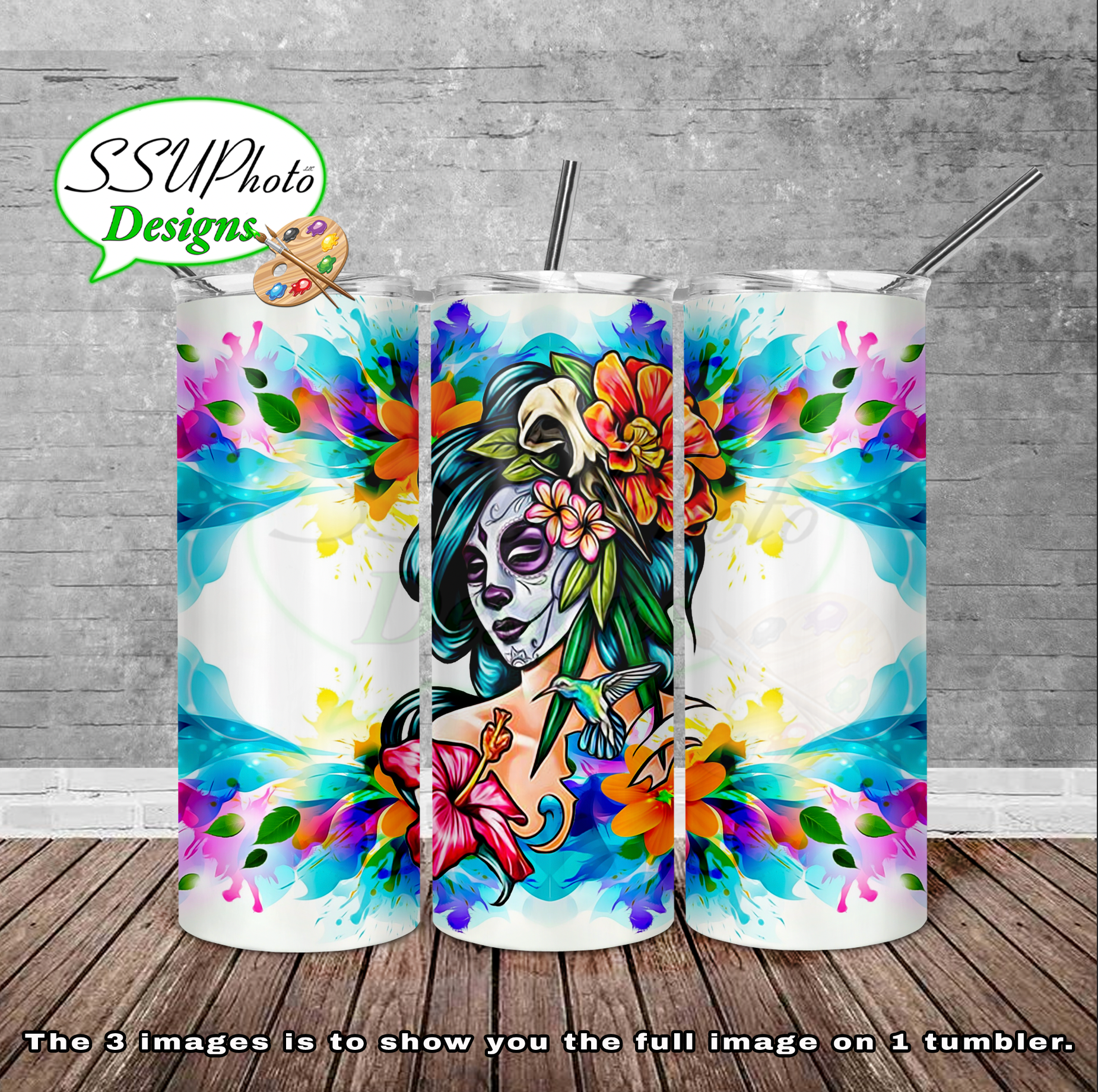 Sugar Skull with Flowers  20 oz and 30oz OZ Skinny TumblerD Digital Design