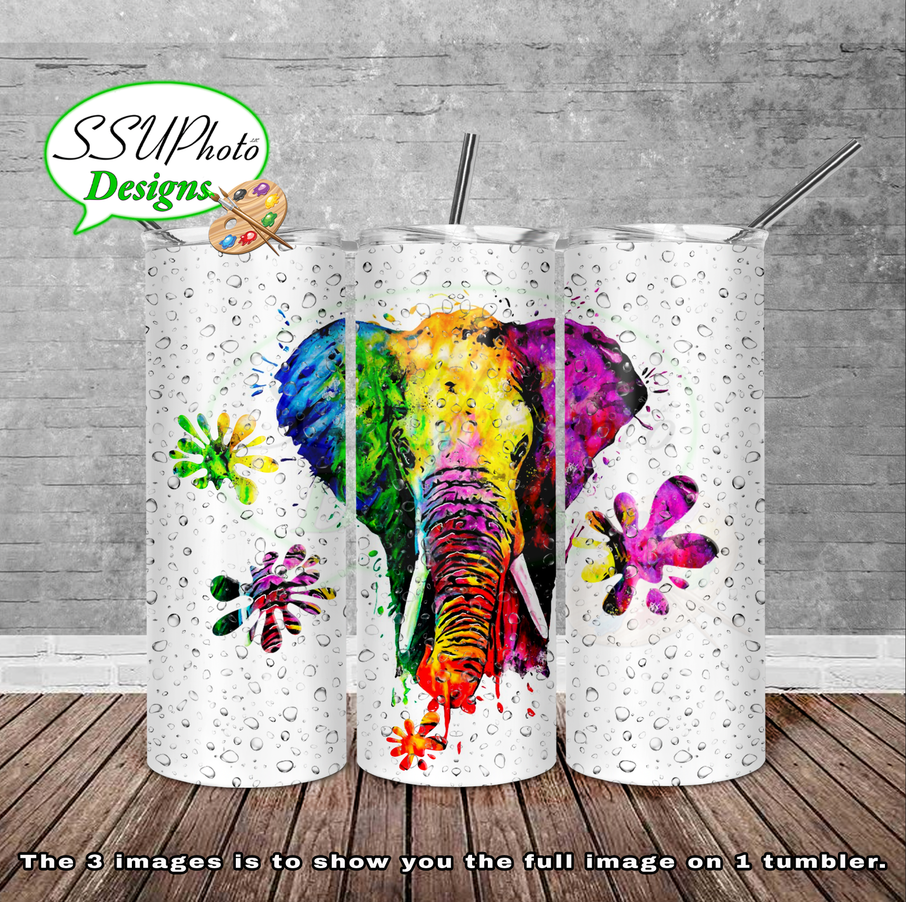 Rainbow Elephant 20 oz and 30oz OZ Skinny TumblerD Digital Design