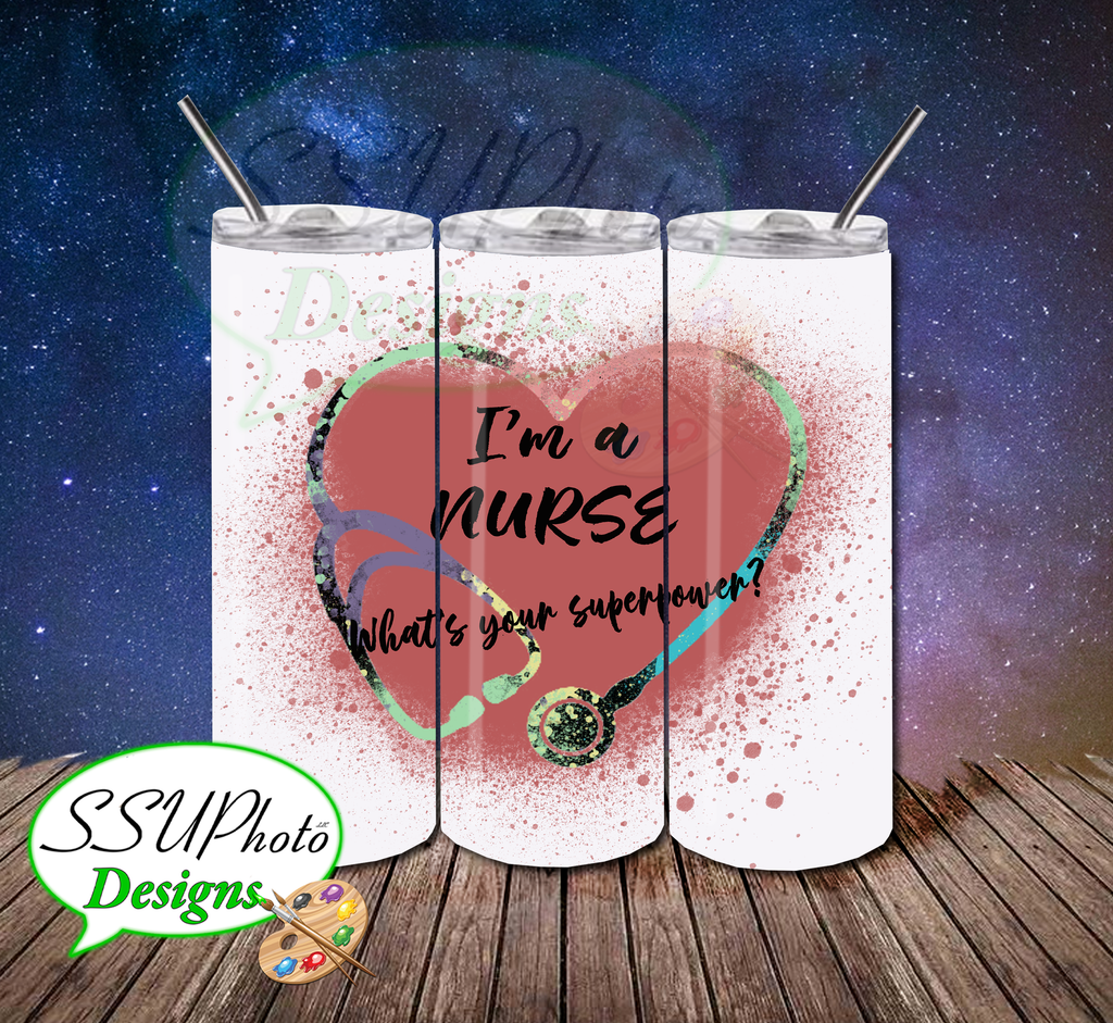 Pink Nurse Superpower 20 OZ Skinny Tumbler straight  Digital Design